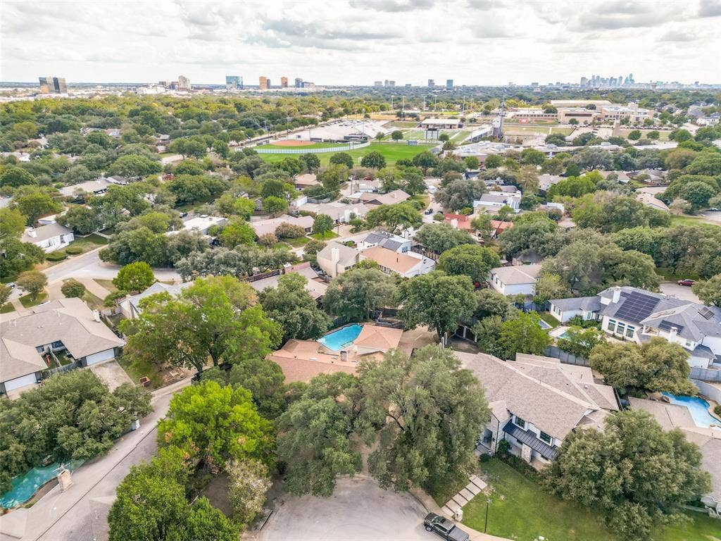 6936 Wildglen Drive, Dallas, TX 75230 Aerial perspective showing the great location in Dallas at the end of a hard to find secluded cul-de-sac street off of Hillcrest Rd.