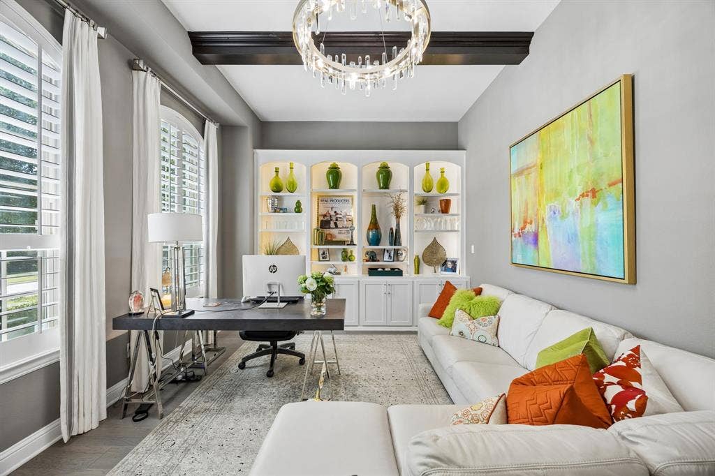 641 Country Brook Lane, Prosper, TX 75078 Who wouldn't love this oversized luxury office with beamed ceiling, beautiful chandelier, backlit cabinetry with adjustable shelves, with cabinetry to house files and printer.