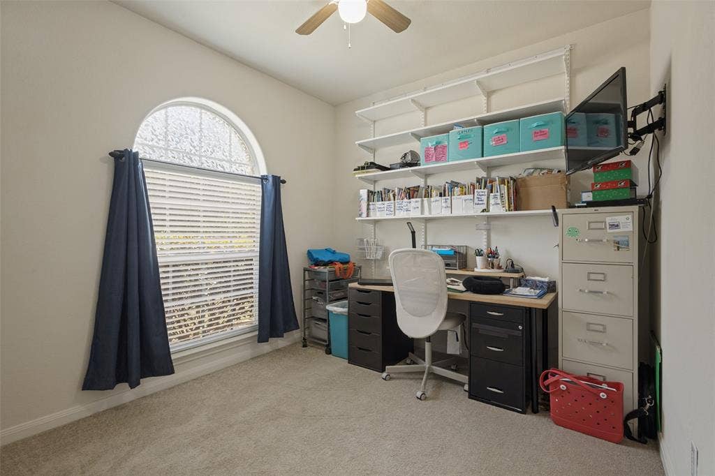 Arched window, ceiling fan with integrated light, and wall-mounted shelving system