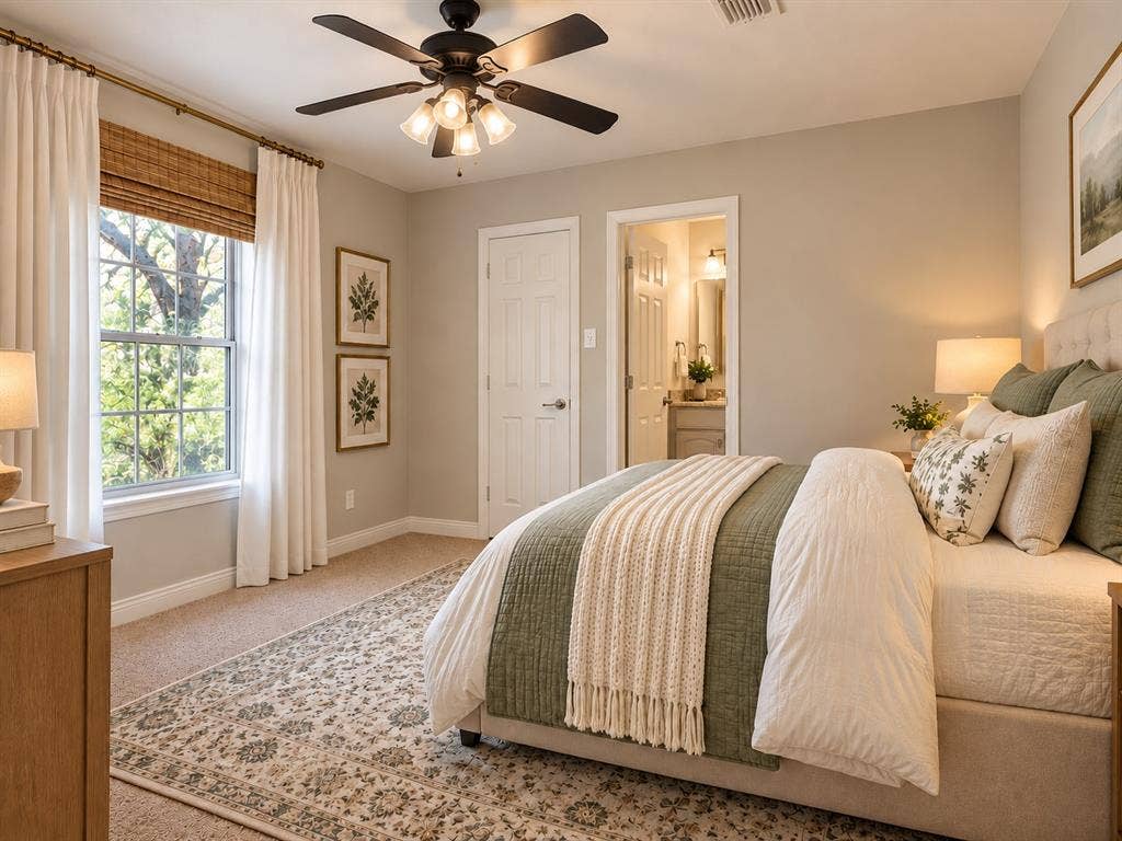Neutral-toned bedroom featuring wall-to-wall carpeting, a multi-blade ceiling fan with integrated lighting, and a single-hung window with wood-finish blinds