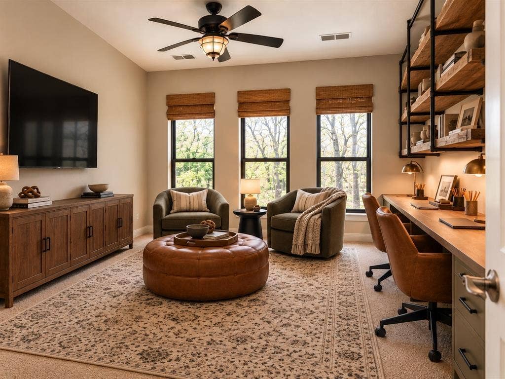 Built-in wooden desk with integrated cabinetry, floor-to-ceiling industrial-style wall shelving, three large windows with woven wood shades, and a ceiling fan with integrated lighting