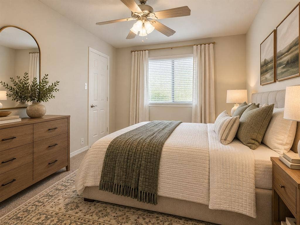Neutral wall tones featuring a central ceiling fan with integrated light fixture, polished metal hardware, and a single window with horizontal blinds