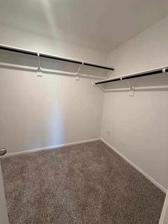 Walk-in closet featuring neutral carpeting and two-tier wall-mounted shelving units