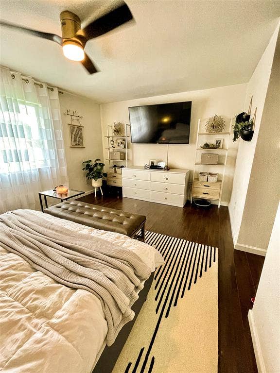 Dark wood-finish flooring, matte-finish ceiling fan with integrated light fixture, and window with floor-to-ceiling curtain hardware