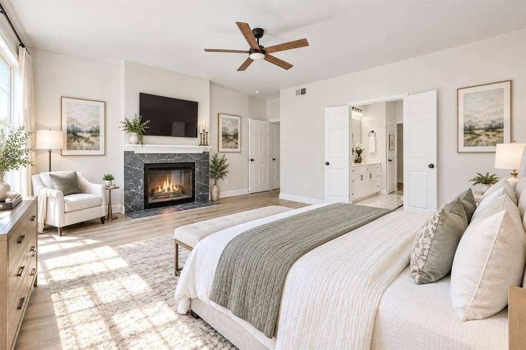 8316 Autumncrest Court, Dallas, TX 75249 Virtual Staging Master bedroom with cozy fireplace inside.