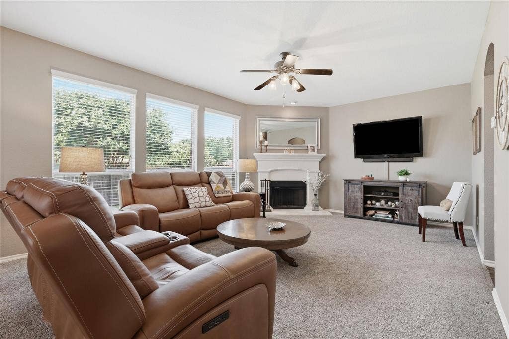 Great size family room with cozy fireplace