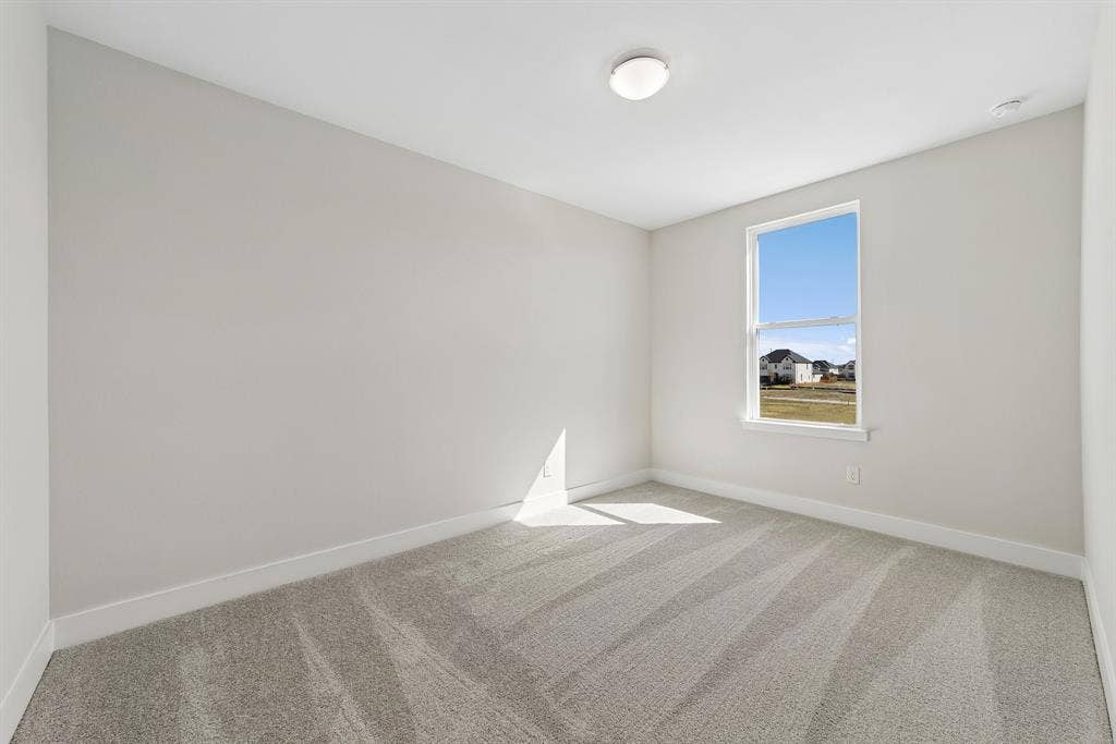 Neutral wall tones, wall-to-wall carpeting, and a single-hung window with exterior landscape exposure