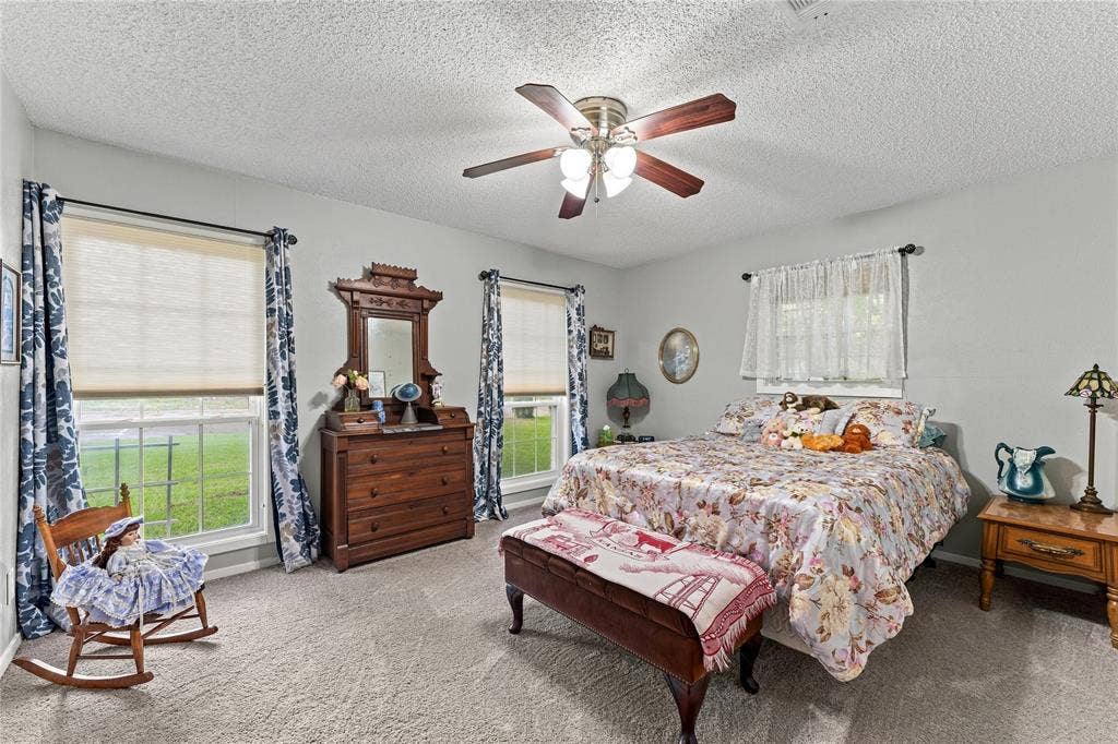 Spacious room featuring neutral carpeting, a dual-light ceiling fan with wood-tone blades, and multiple windows with roller shades