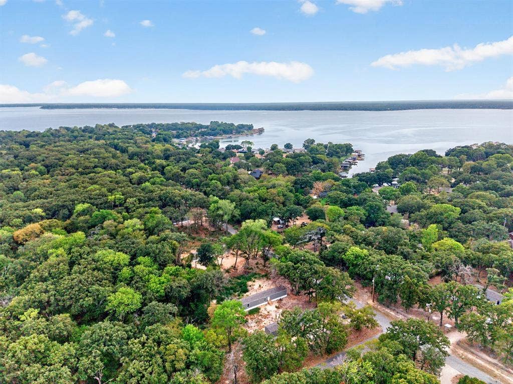 222 W Acres Road, Gun Barrel City, TX 75156 Aerial perspective of a waterfront property featuring extensive mature tree coverage, a natural shoreline, and proximity to open water