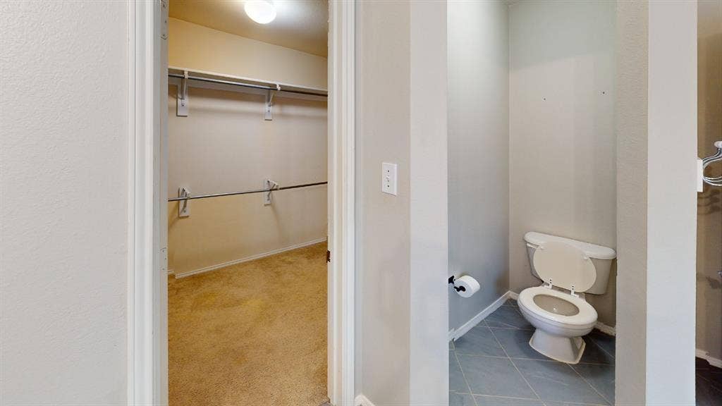 Walk-in storage area featuring wire shelving and carpet flooring, paired with a water closet on ceramic tile flooring