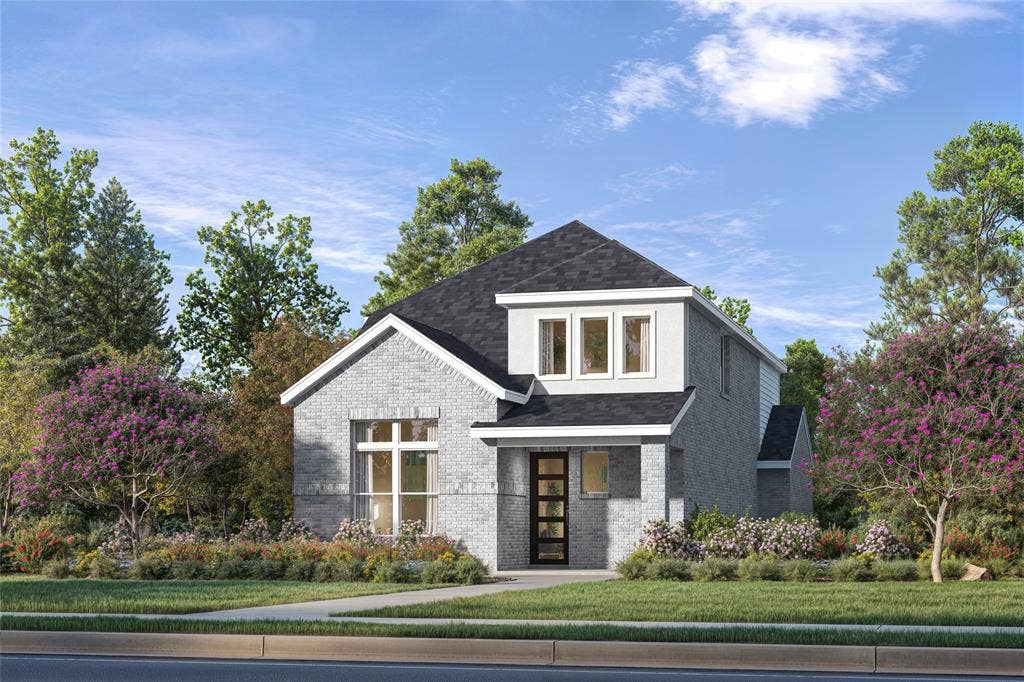 Two-story exterior featuring a light-toned brick facade, multi-paneled front door, asphalt shingle roof, and vertical siding accents