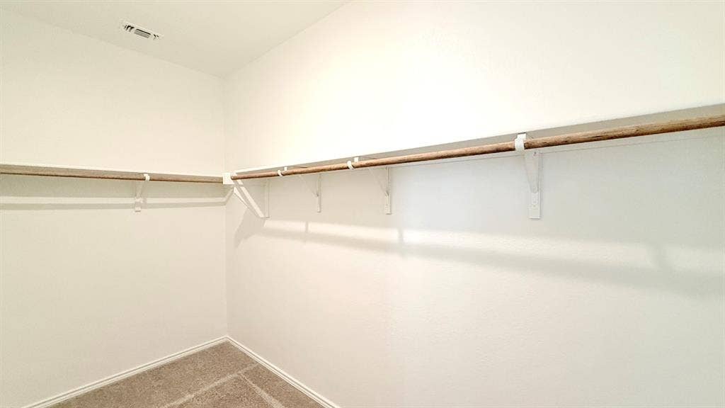 113 Onna Street, Taylor, TX 76574 Walk-in storage space featuring neutral carpeting and wrap-around built-in shelving with integrated clothing rods