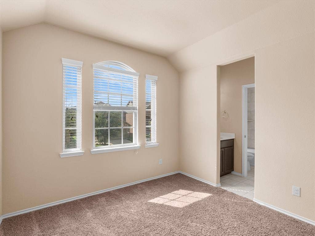 Vaulted ceiling, arched window with multi-pane grid, neutral wall palette, carpeting, and vanity with dark-finish cabinetry