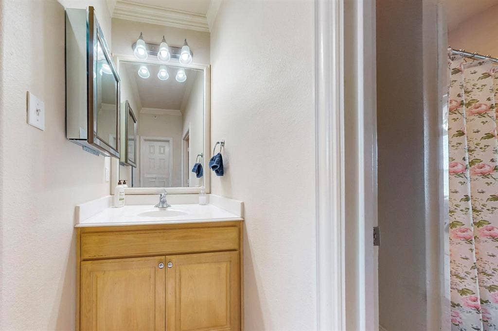 2606 Rue De Ville, Irving, TX 75038 Bathroom featuring a light wood vanity with a white countertop, integrated sink, framed vanity mirror, three-light fixture, and recessed medicine cabinet