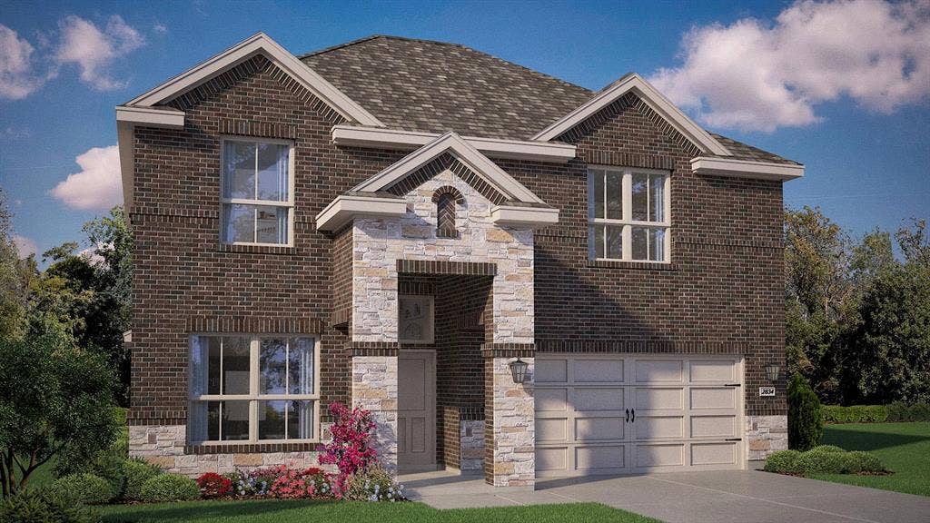 1426 CANTERBURY Trail, DeSoto, TX 75115 Front Elevation - D.R. Horton's Redrockfloor plan Elevation L - All Home and community information, including pricing, included features, terms, availability and amenities, are subject to change at any time without notice or obligation. All Drawings, pictures, photographs, video, square footages, floor plans, elevations, features, colors and sizes are approximate for illustration purposes only and will vary from the homes as built.