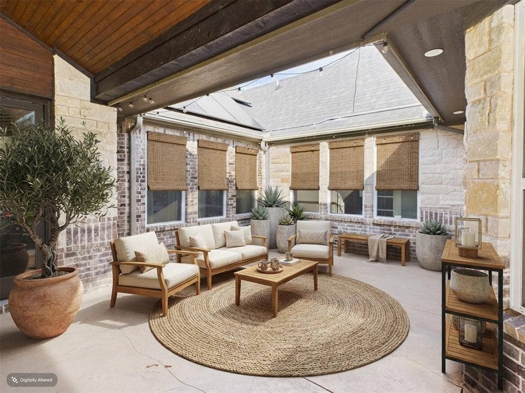 1201 E Iberian Court, Granbury, TX 76048 Covered patio featuring a stained wood tongue-and-groove ceiling, recessed lighting, brick and stone masonry exterior walls, and concrete flooring
