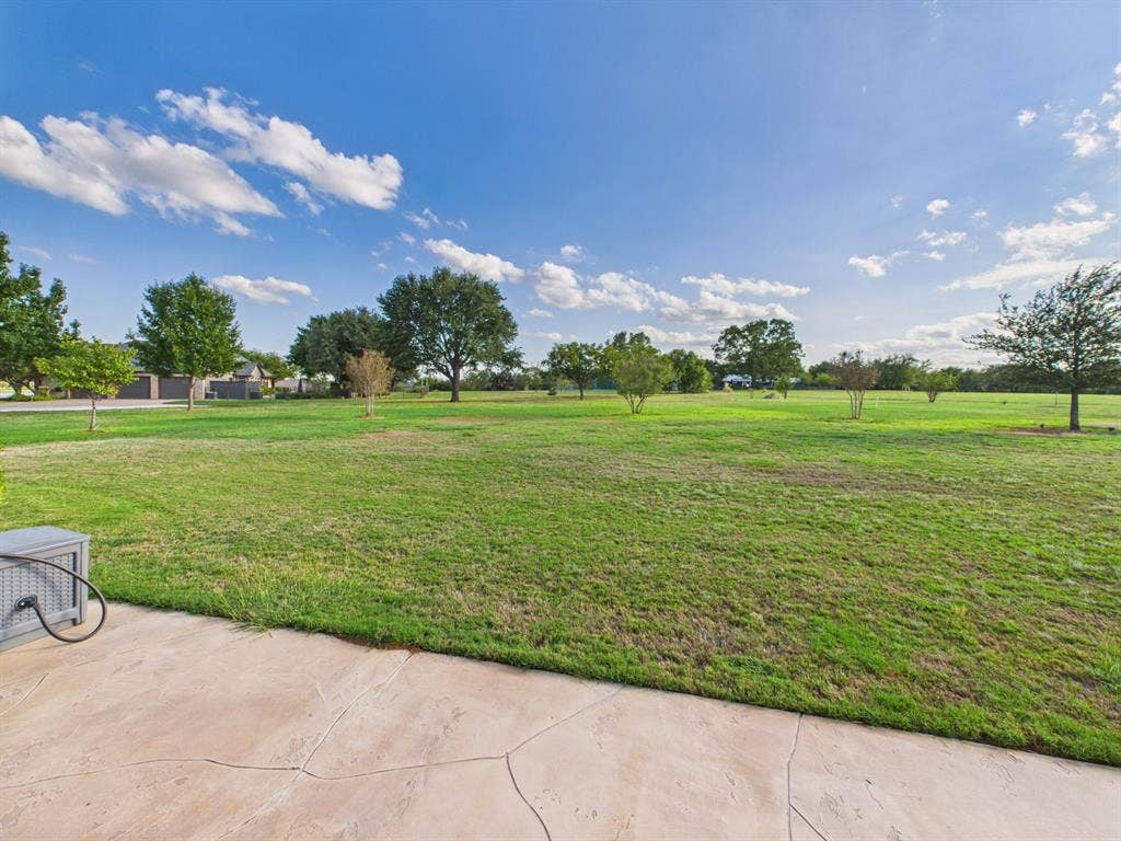 1201 E Iberian Court, Granbury, TX 76048 Expansive lot featuring a stamped concrete patio, open green space, and mature trees