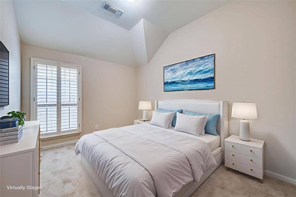 1441 Kirkwood Lane, Prosper, TX 75078 Vaulted ceiling, neutral wall tones, and plantation-style window shutters