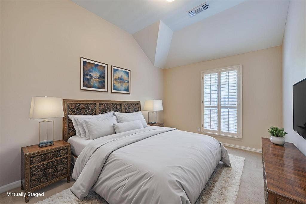 1441 Kirkwood Lane, Prosper, TX 75078 Vaulted ceiling, neutral wall tones, and plantation-style window shutters