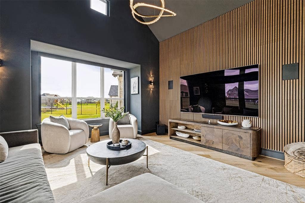 4604 Devon Drive, Parker, TX 75002 Vaulted ceiling, vertical wood slat accent wall, large picture window, and wide-plank wood-finish flooring