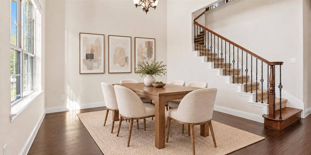 632 Grisham Drive, Fate, TX 75087 Double-height ceilings, wood-finish flooring, staircase with dark wood handrail and metal balusters, and multi-pane windows