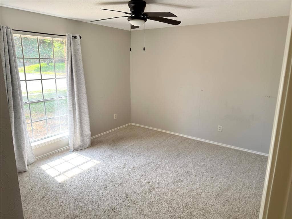 Neutral-toned interior featuring wall-to-wall carpeting, a multi-pane window with grid detailing, and a black ceiling fan with an integrated light fixture