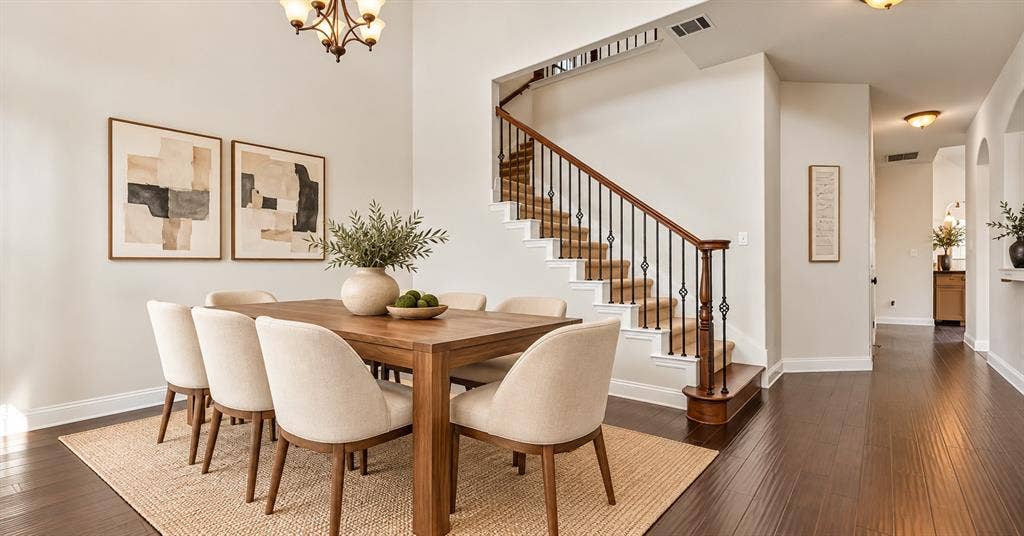 632 Grisham Drive, Fate, TX 75087 High-ceiling interior space featuring wood-finish flooring, a staircase with a wooden handrail and iron balusters, and a tiered chandelier