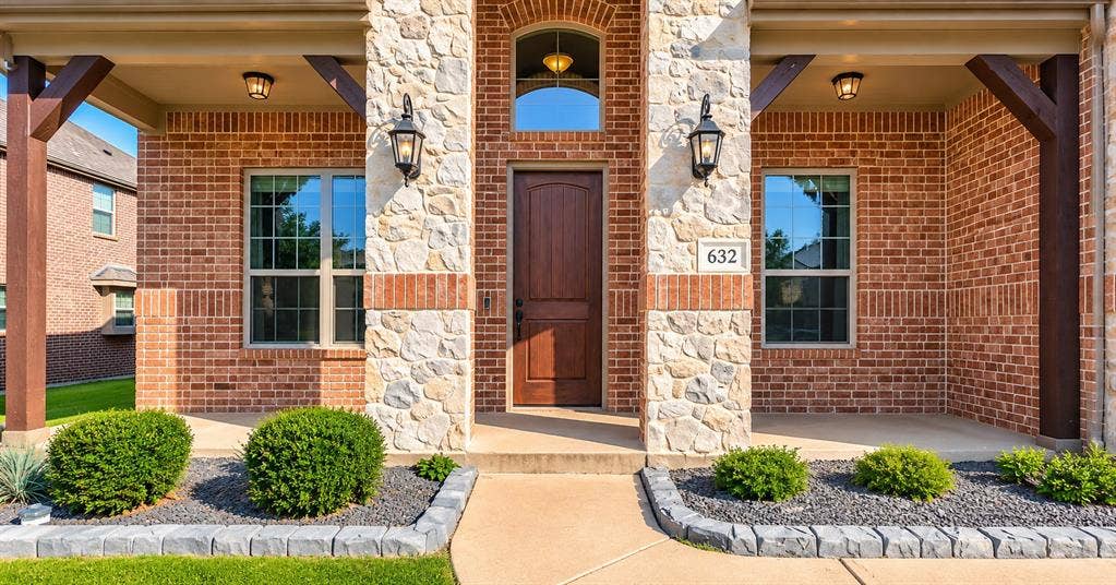 632 Grisham Drive, Fate, TX 75087 Exterior façade featuring a combination of brick and stone masonry, a covered porch with timber structural supports, a stained wood entry door, an arched transom window, and dual wall-mounted exterior lanterns