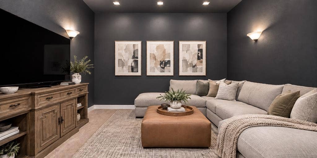 632 Grisham Drive, Fate, TX 75087 Media room featuring dark-toned wall paint, recessed lighting, and wall-mounted sconces