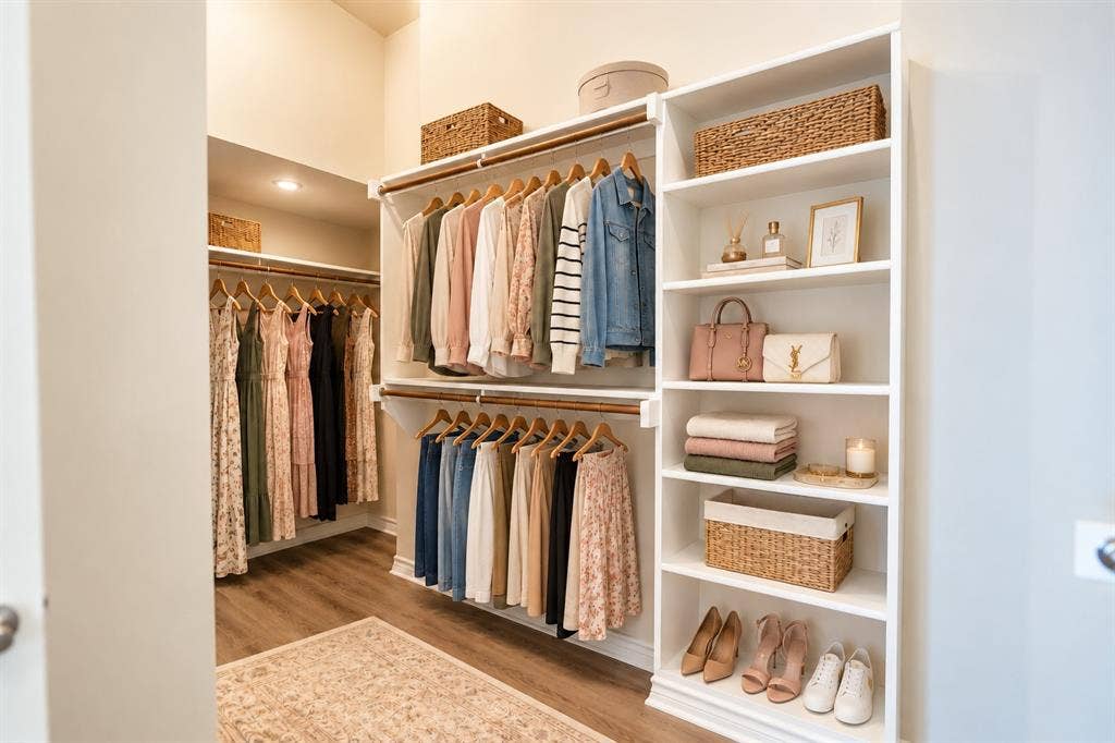 1736 Blue Stream Drive, DeSoto, TX 75115 Walk-in closet featuring tiered hanging rods, built-in shelving, and wood-look LVP flooring