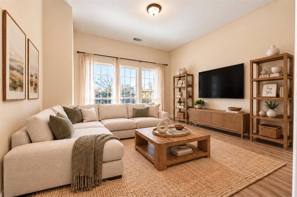 1736 Blue Stream Drive, DeSoto, TX 75115 High-ceilinged room featuring wood-look LVP flooring, large multi-pane windows, and a flush-mount ceiling light fixture. *Virtually staged to show potential*