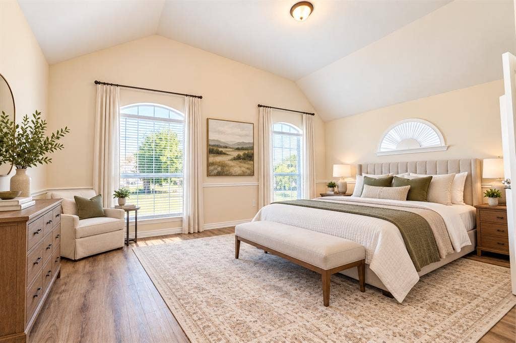 1736 Blue Stream Drive, DeSoto, TX 75115 Vaulted ceilings, wood-look LVP flooring, chair rail molding, and arched windows. *Virtually staged to show potential*