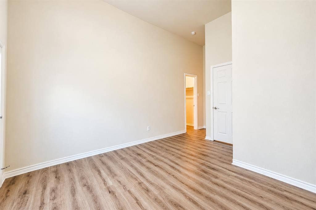 1736 Blue Stream Drive, DeSoto, TX 75115 High ceilings with neutral wall paint, wood-look LVP flooring, six-panel interior doors, and a built-in closet
