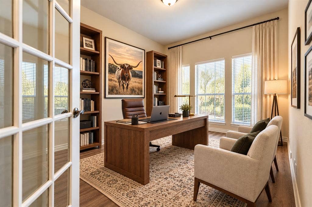 1736 Blue Stream Drive, DeSoto, TX 75115 French doors featuring multi-pane glass, dual built-in floor-to-ceiling bookshelves, wood-finish flooring, and expansive windows *Virtually staged to show potential*