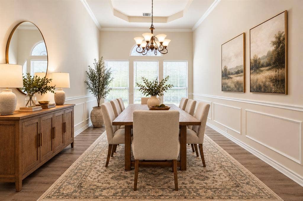 1736 Blue Stream Drive, DeSoto, TX 75115 Dining space featuring a tray ceiling, wainscoting, wood-finish flooring, multi-pane windows with arched transoms, and a chandelier. *Virtually staged to show potential*