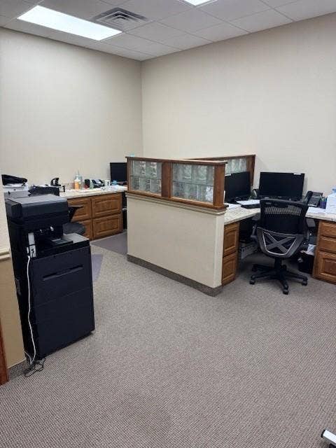 1831 W Louisiana Street, McKinney, TX 75069 Built-in wood-finish cabinetry, partitioned workspace featuring glass block inserts, recessed ceiling lighting, and neutral carpeting