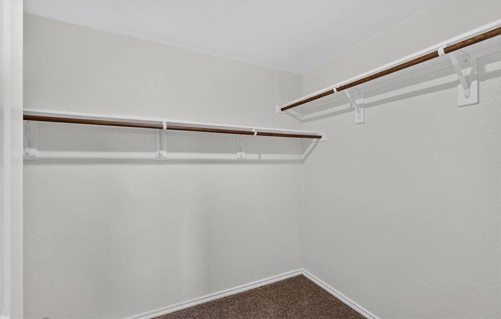 114 Real Quiet Lane, Caddo Mills, TX 75135 Walk-in closet featuring neutral wall-to-wall carpeting and dual-level white built-in shelving with integrated hanging rods