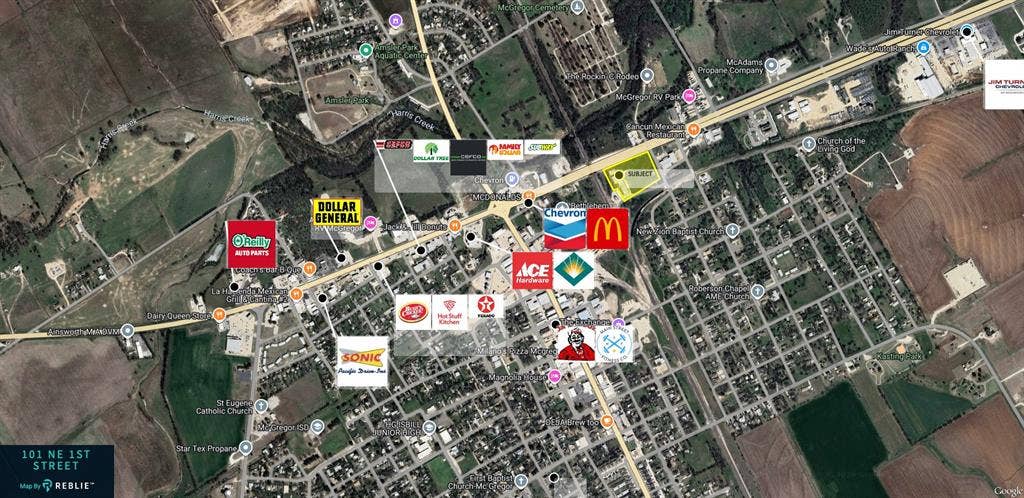 110 1st Street, McGregor, TX 76657 Aerial Site Map. Illustrating the location of the property and surrounding commercial landmarks