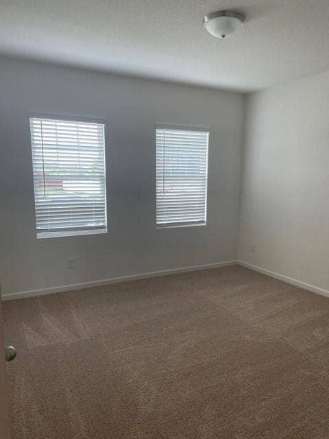 Neutral-toned interior space featuring wall-to-wall carpeting, dual windows with fitted blinds, and a semi-flush mount ceiling fixture