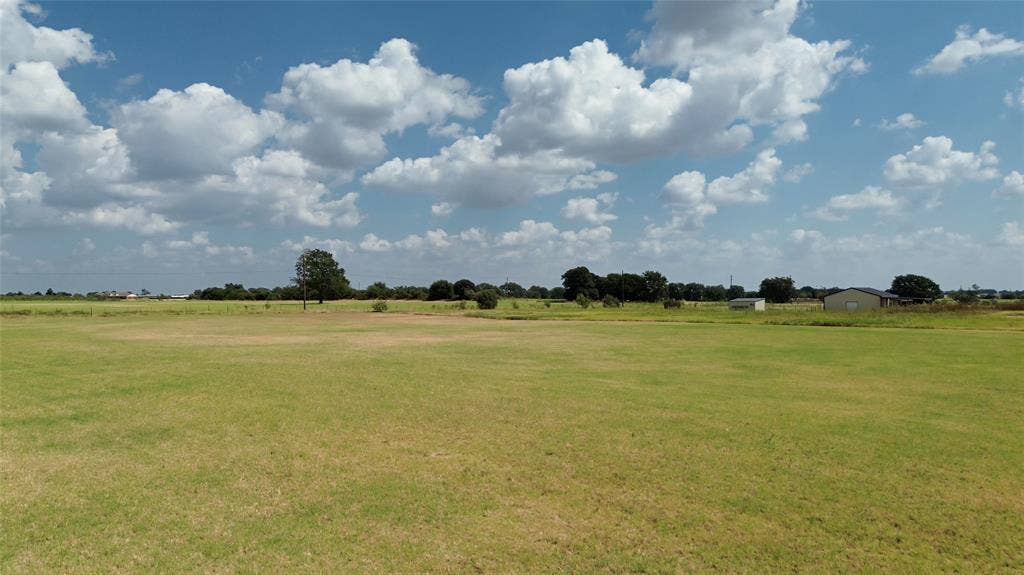 Expansive acreage featuring cleared level terrain, mature perimeter trees, and peripheral outbuildings