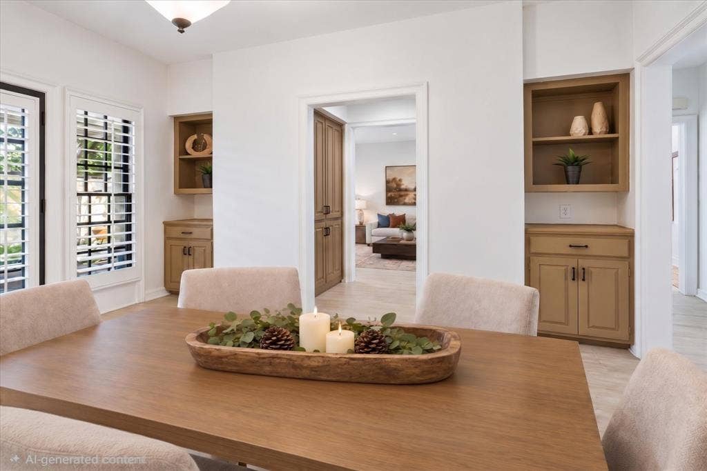 4611 O Connor Court, Irving, TX 75062 Virtually Staged Built-in cabinetry with integrated shelving, dual shuttered windows, and recessed lighting