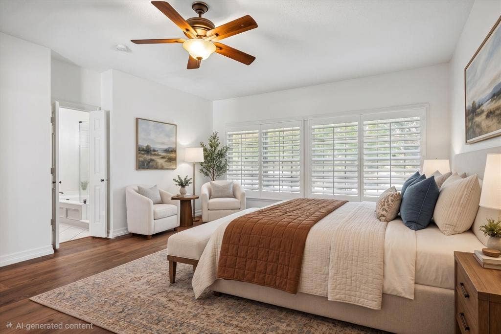 4611 O Connor Court, Irving, TX 75062 Virtually Staged Primary bedroom plantation shutters, and a central ceiling fan with integrated lighting