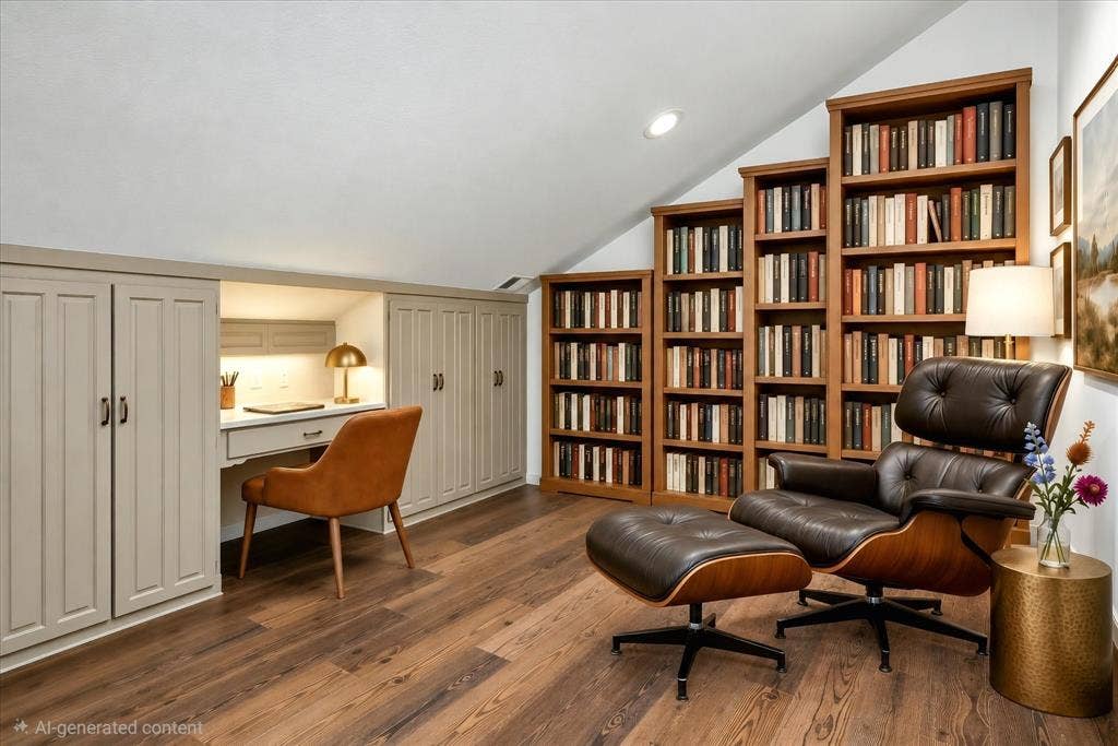 4611 O Connor Court, Irving, TX 75062 Virtually Staged Sloped ceiling featuring recessed lighting, wood-finish flooring, and built-in cabinetry with an integrated desk