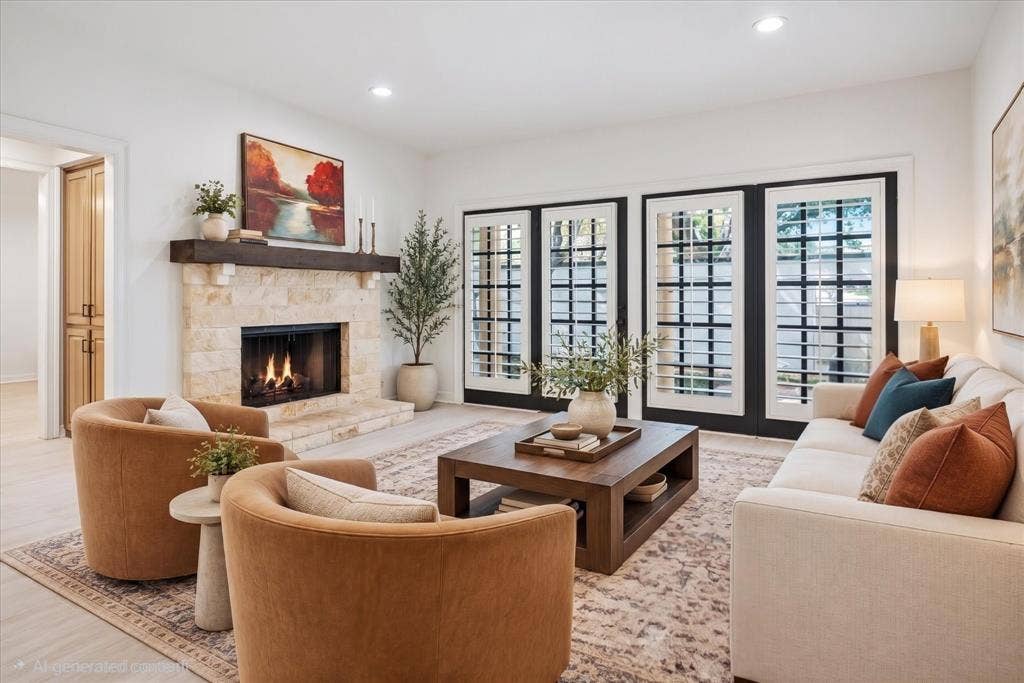 4611 O Connor Court, Irving, TX 75062 Virtually Staged Living area featuring a floor-to-ceiling stone fireplace, a rustic timber mantel, wood-finish flooring, and multi-panel glass doors with black frames and integrated shutters