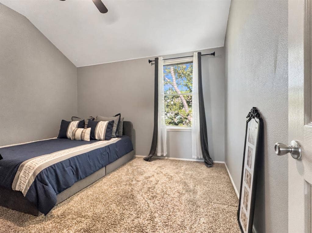 Vaulted ceiling, neutral wall tones, plush wall-to-wall carpeting, and a single-hung window