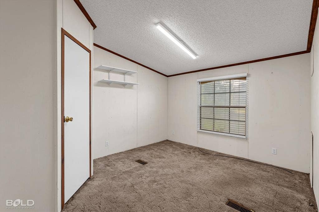 Neutral-toned wall panels featuring stained wood trim, wall-to-wall carpeting, window with blinds, linear ceiling lighting, and built-in wall shelving