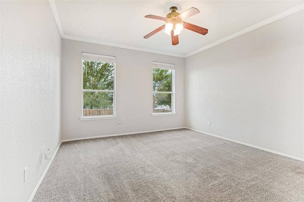 Neutral-toned room featuring neutral carpeting, two windows, and a ceiling-mounted fan with integrated light fixture