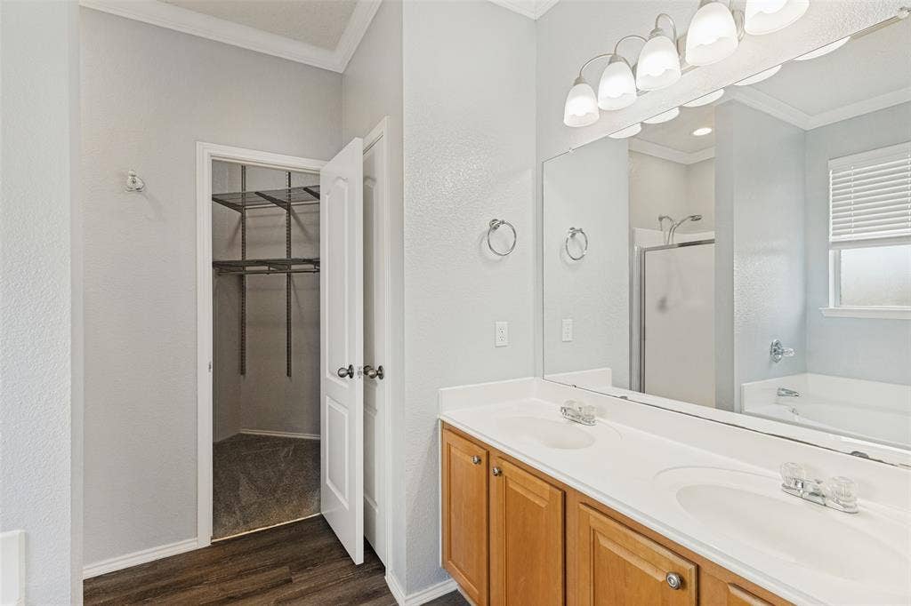 Dual-sink vanity with light wood-finish cabinetry, solid-surface countertop, full-width vanity mirror, overhead multi-light fixture, and built-in walk-in closet