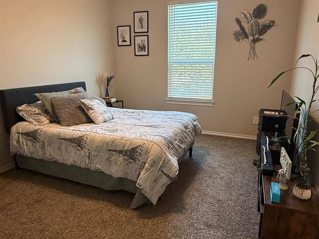 Room featuring neutral wall tones, wall-to-wall carpeting, and a window with installed horizontal blinds