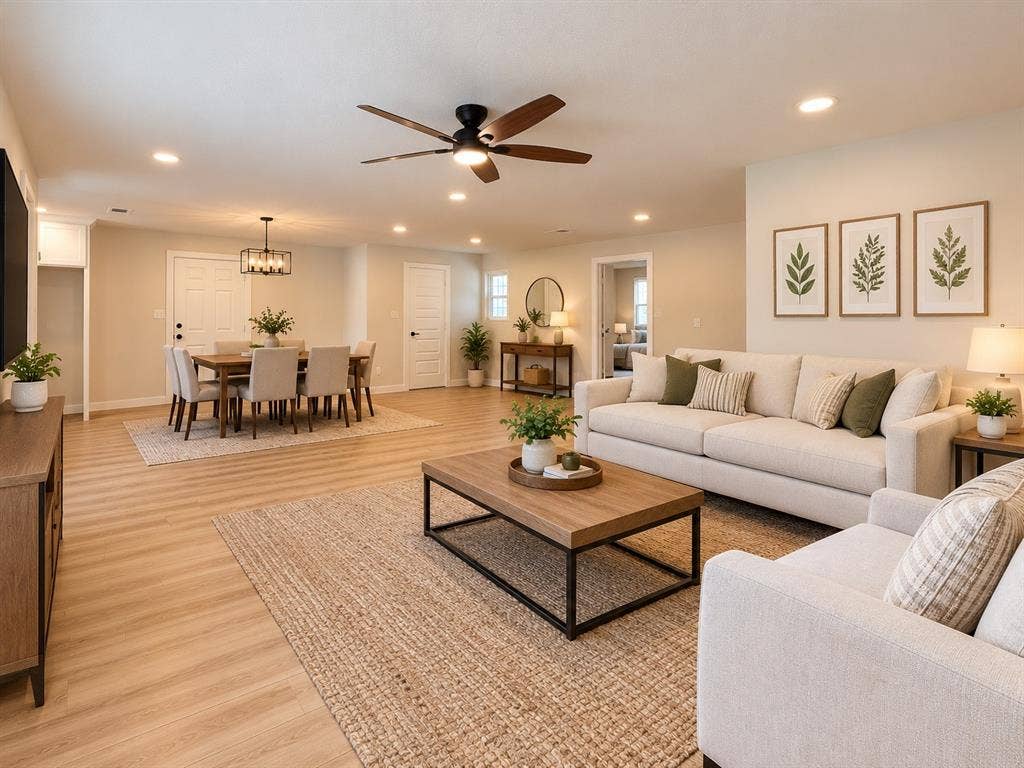 Open-concept interior featuring wood-finish flooring, recessed lighting, and a modern ceiling fan